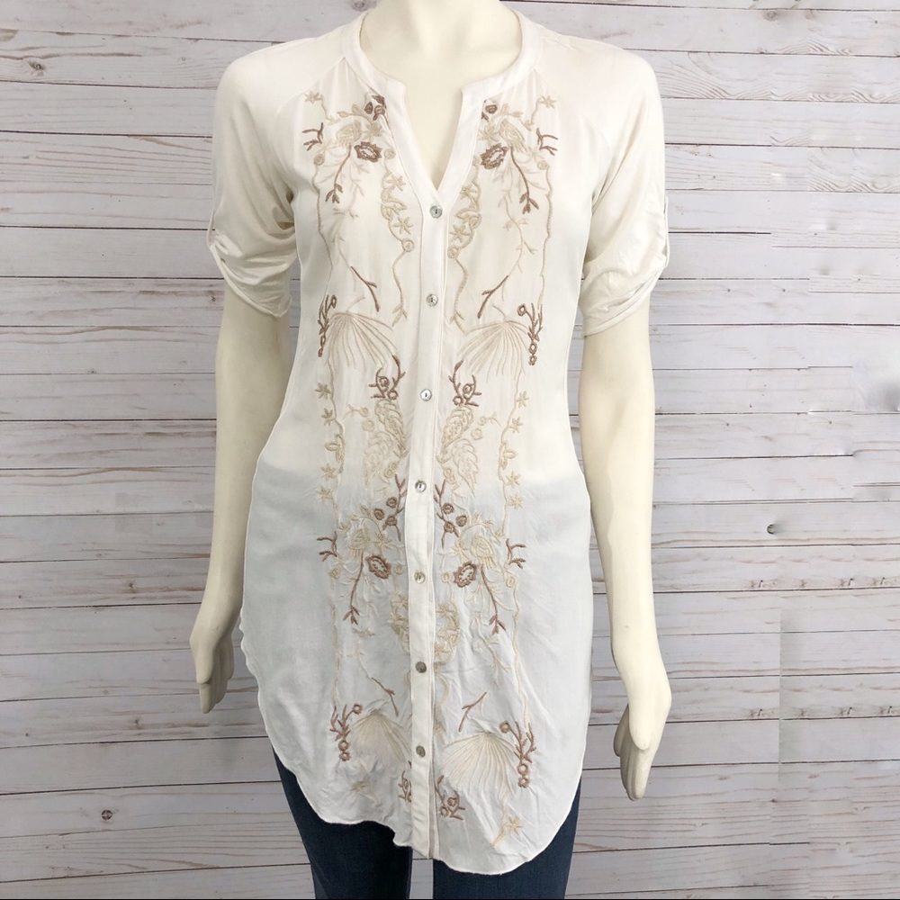 Anthropologie button down embroidered tunic top - Picture 2 of 6